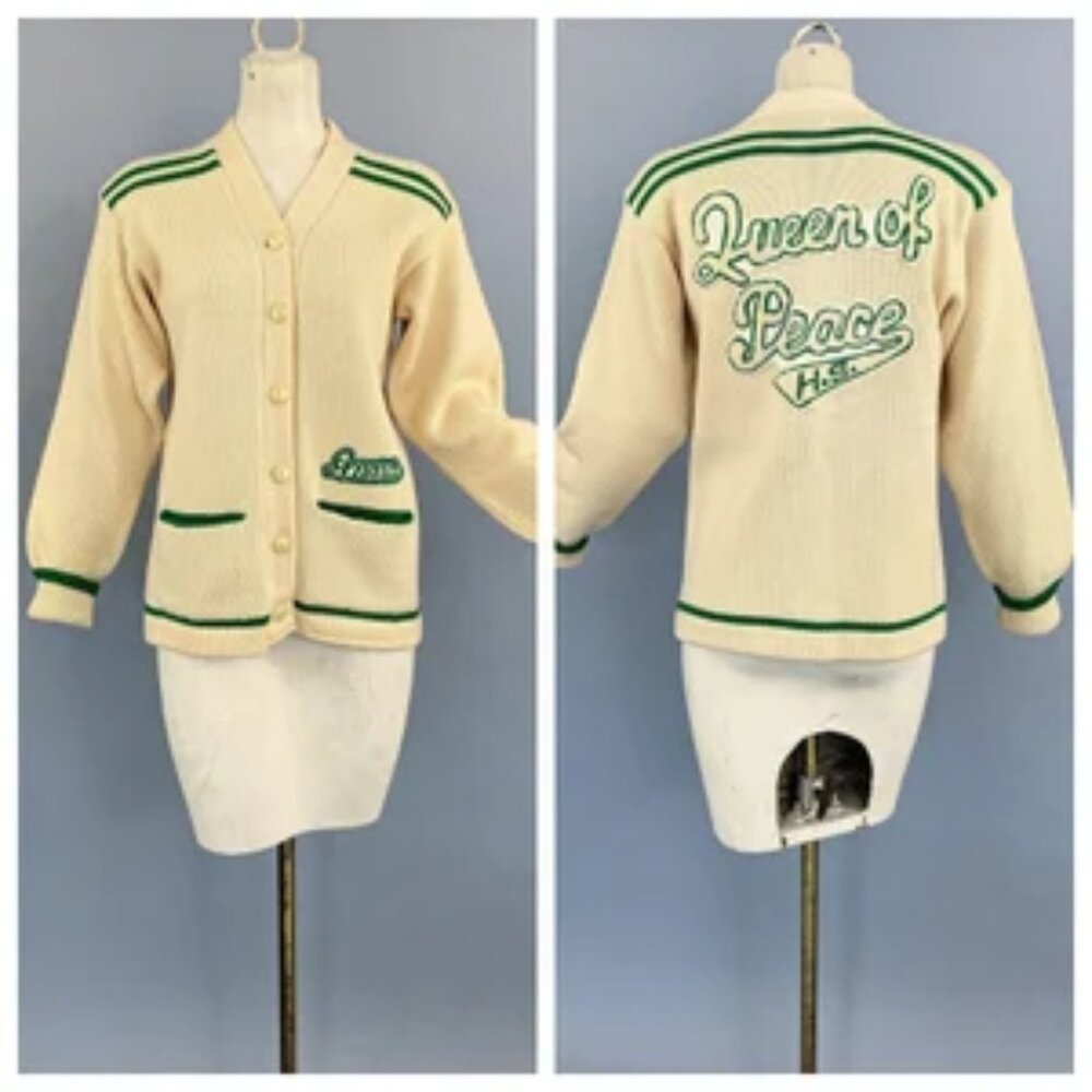 Vintage 50’s Queen of Peace Wool Cardigan Varisty Ivory/Cream Green - Picture 3 of 8